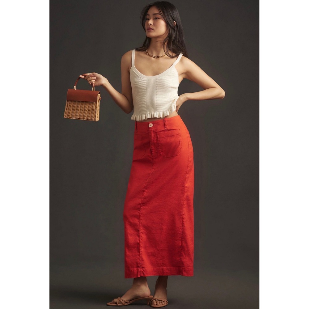 Maeve Anthropologie Colette Maxi Midi Skirt Poppy Red Linen Blend Utility Medium